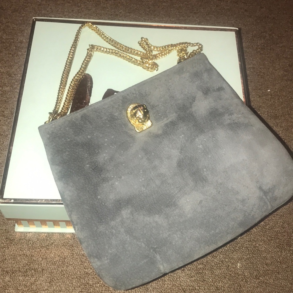 Elegant Gray Suede Clutch with Gold Chain